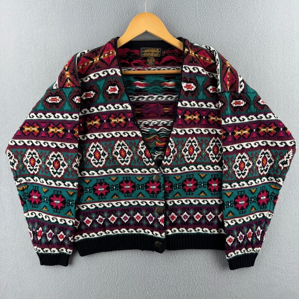 Vintage Eddie Bauer Sweater Womens Large Knit Cotton Croppy Cardigan 90s Aztec